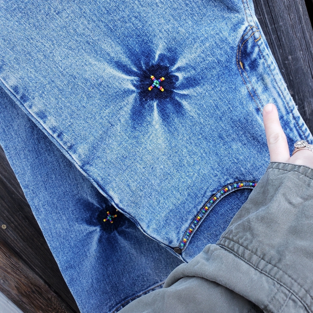 Y2K Mid Rise Beaded Dyed Cotton Jeans - Picture 2 of 10